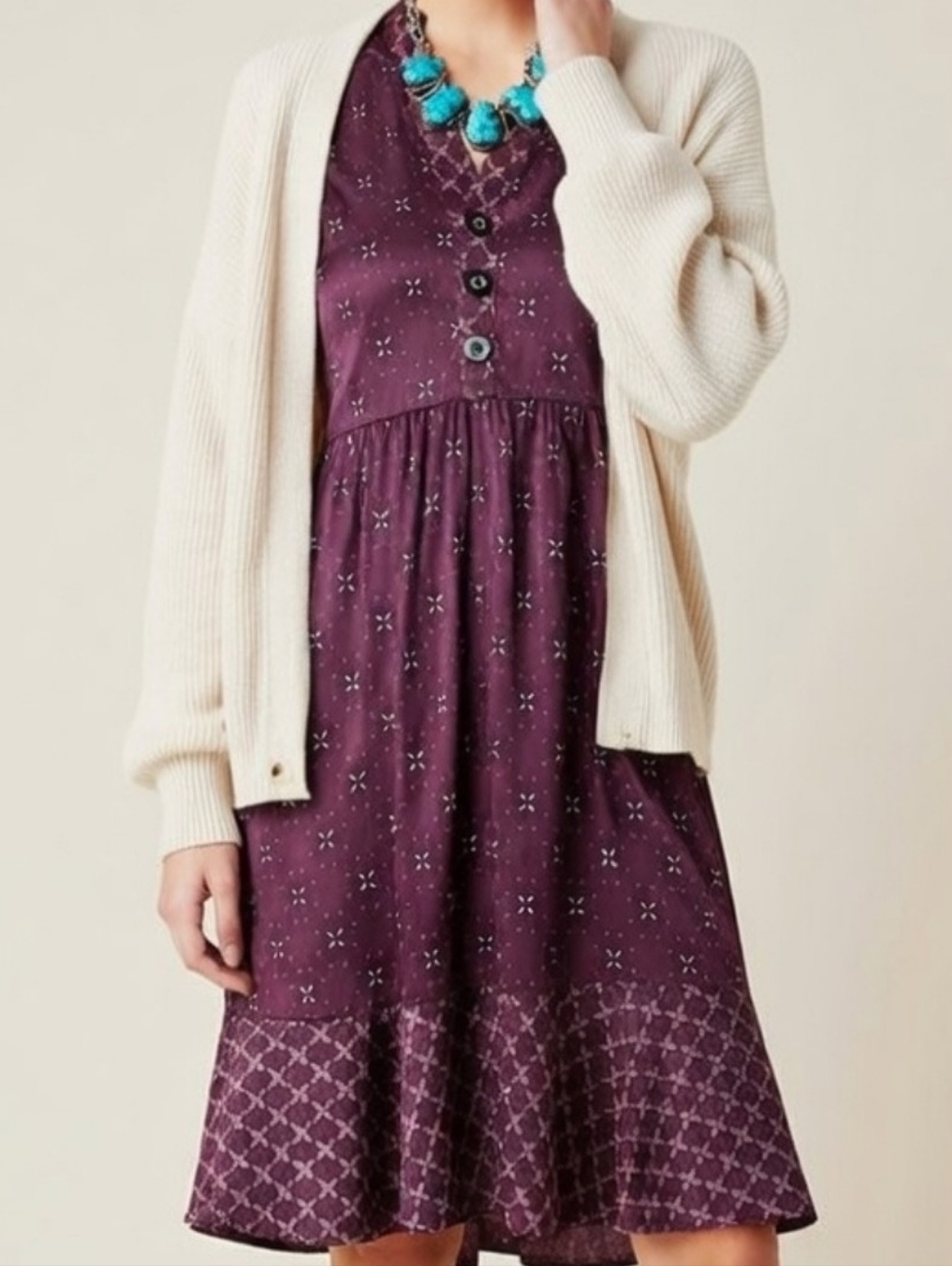 Womens Plum Printed Button-Front Dress
